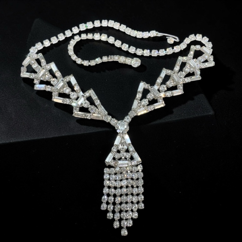 Vintage Attributed Weiss Clear Rhinestone Triangle Drop Necklace